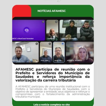AFAMESC participa de reunião com o Prefeito e Servidores do Município de Saudades e reforça importância da valorização da carreira tributária